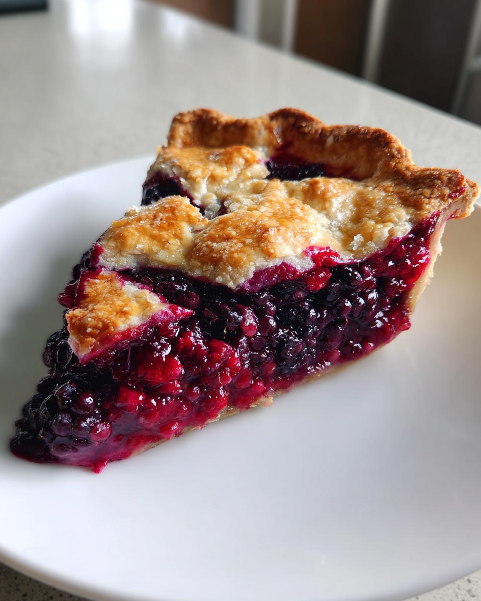 A close-up of a thick slice of triple berry pie showing vibrant, juicy berry filling and a flaky, golden, sugared crust.