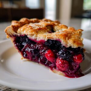 Close-up of a generous slice of triple berry pie showing a thick, glistening berry filling and golden, flaky crust.