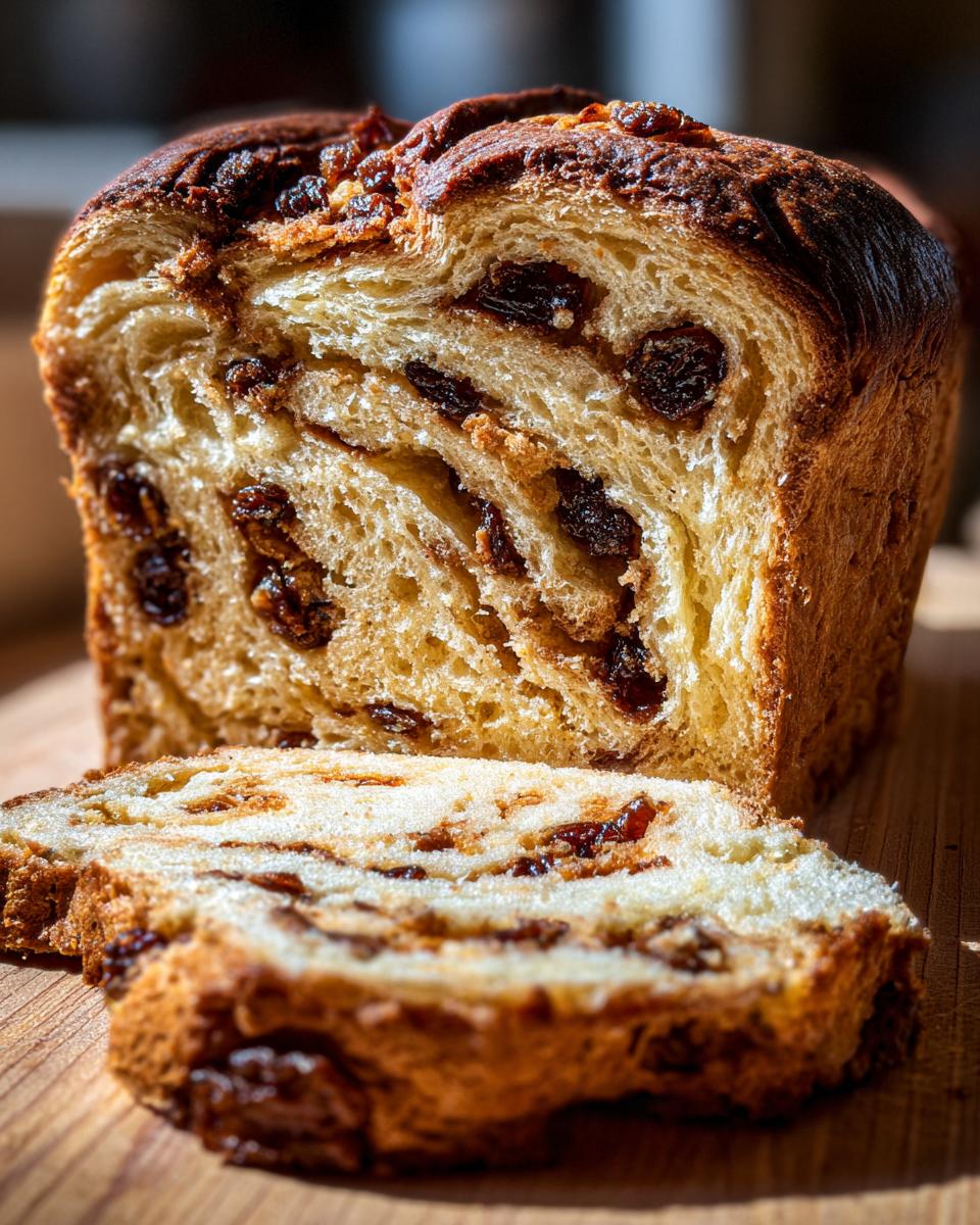 A close-up of a loaf of homemade raisin bread, with one thick slice cut and resting in front, showing swirls of raisins.