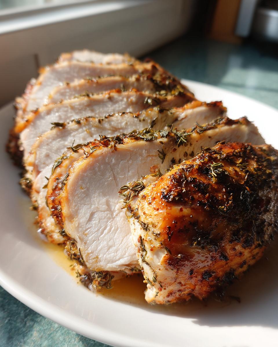 Slices of juicy slow cooker turkey breast seasoned with herbs, resting in its own juices on a white plate.