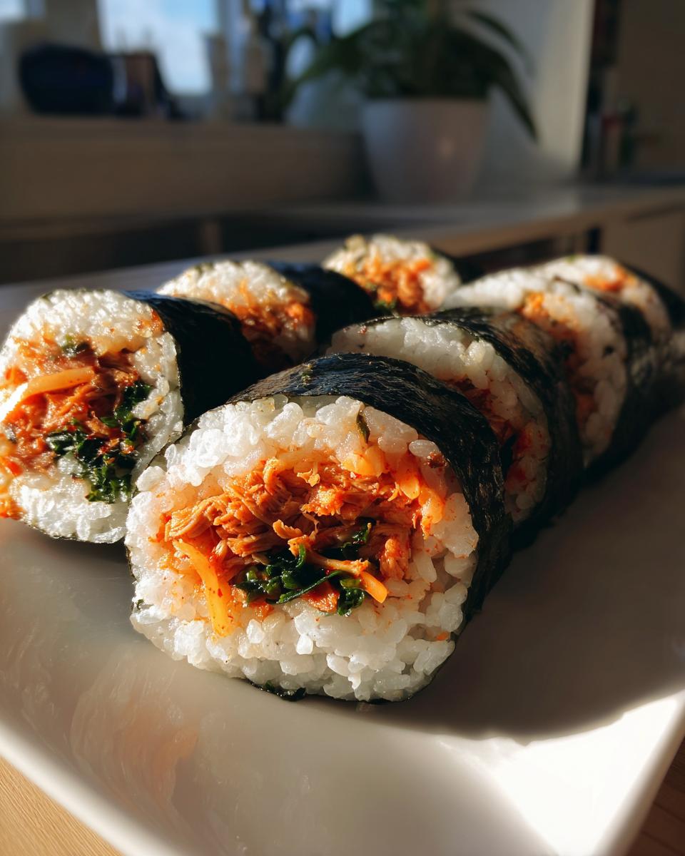 Several slices of homemade tuna kimbap, showing the rice, seaweed, and bright orange tuna filling, arranged on a white plate.