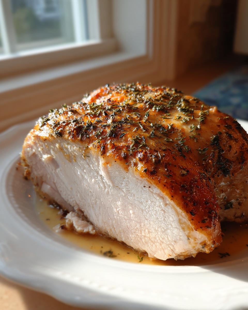 A close-up of a juicy slice of slow cooker turkey breast with crispy, herb-rubbed skin resting in its juices.