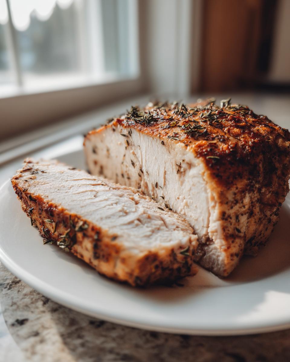 A beautifully cooked, sliced slow cooker turkey breast seasoned with herbs on a white plate.