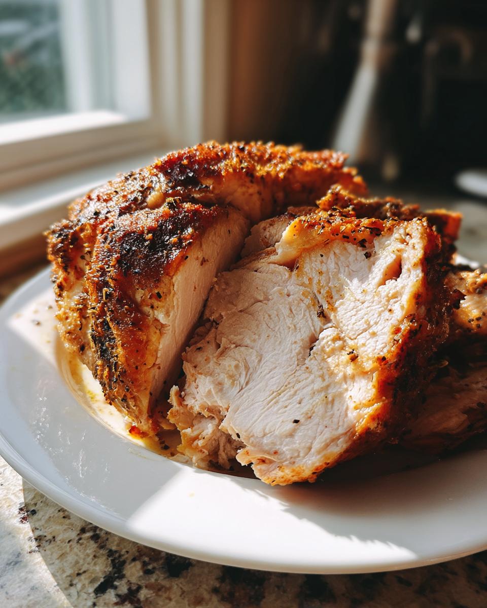 Close-up of a juicy slow cooker turkey breast, sliced open to show moist white meat and a seasoned, browned exterior.