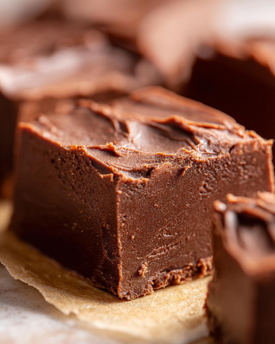 A close-up, macro shot of a thick, rich square of smooth chocolate fudge resting on parchment paper.