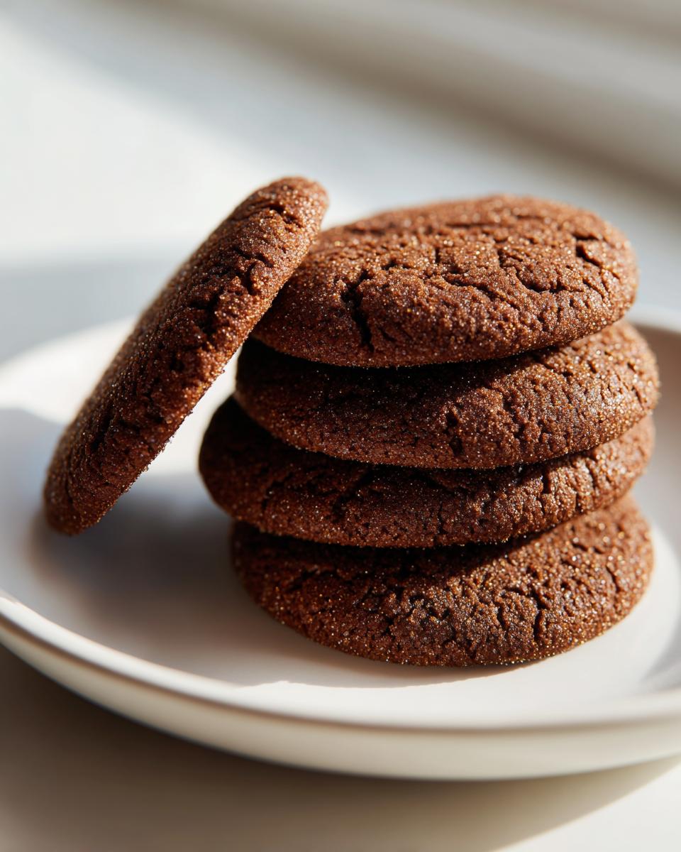 A stack of four dark brown, round soft gingerbread cookies, one leaning against the pile, dusted with sugar.