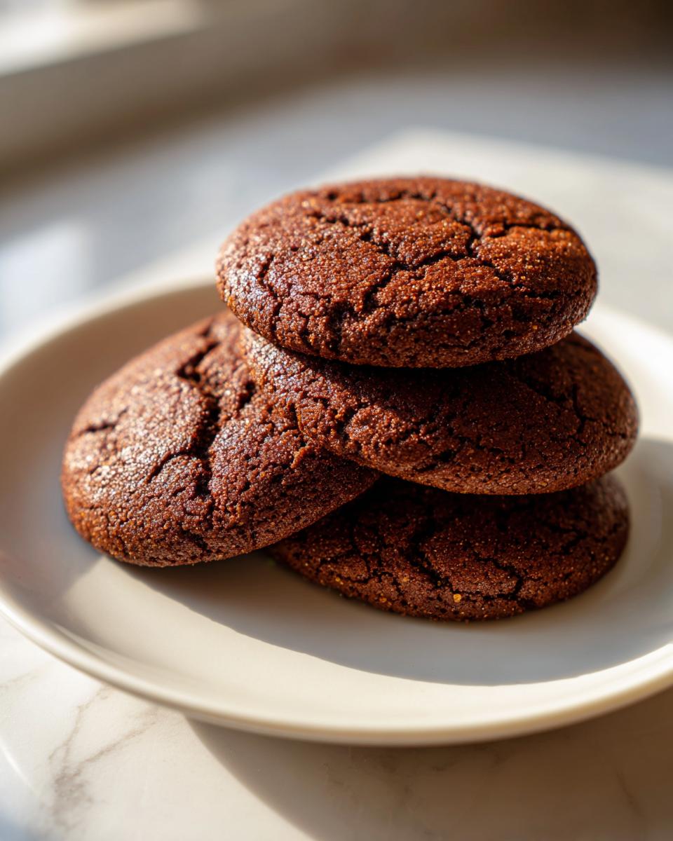 A stack of three rich, dark brown soft gingerbread cookies with cracked surfaces, resting on a light plate.