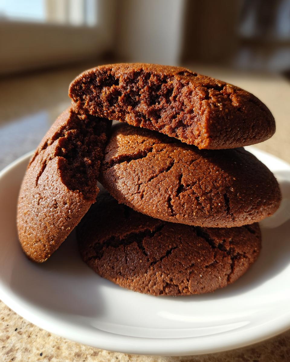 Stack of three soft gingerbread cookies, one broken in half showing the moist interior.