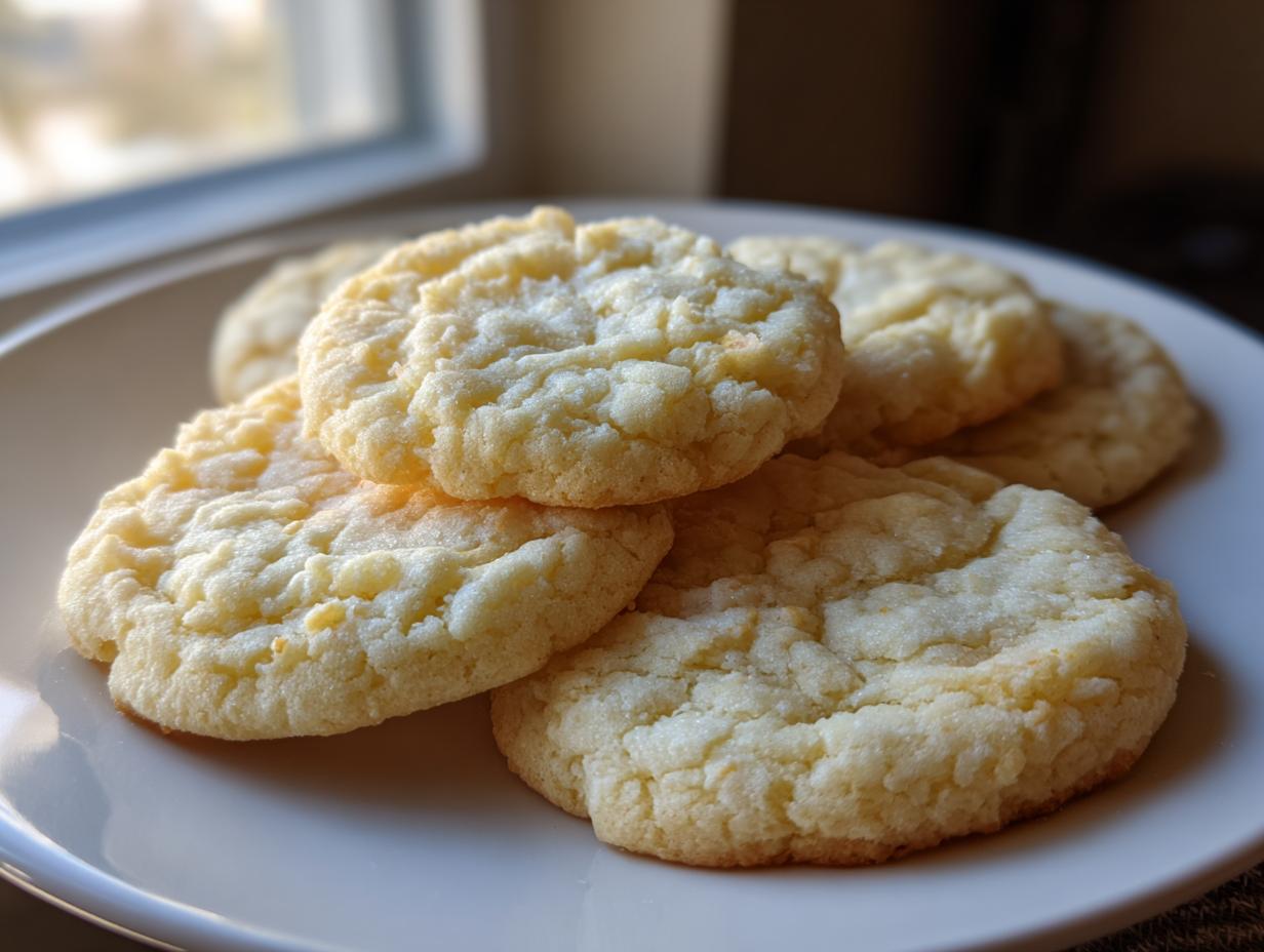 A close-up stack of freshly baked, crinkled soft sugar cookies resting on a white plate near a window.