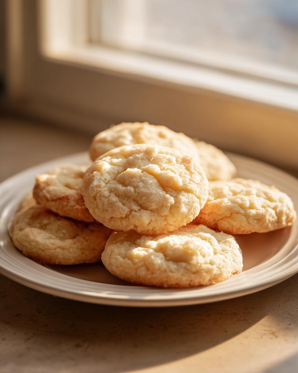 A stack of freshly baked, fluffy soft sugar cookies resting on a light-colored plate near a window.