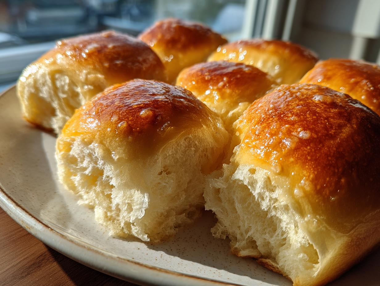 Close-up of several golden-brown sourdough discard rolls on a plate, showing their soft interior texture.