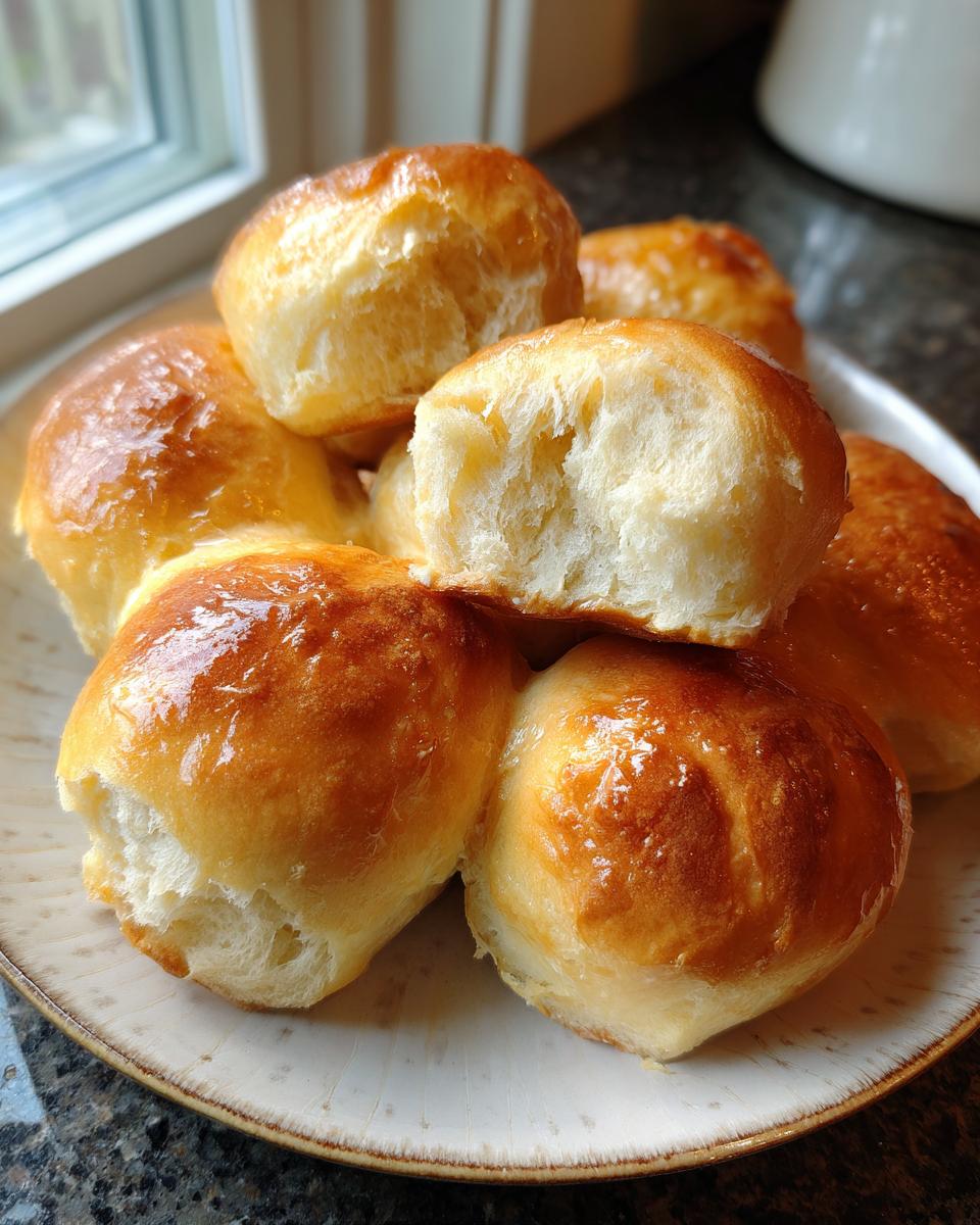 A stack of golden brown, shiny sourdough discard rolls on a plate, one torn open showing soft interior.