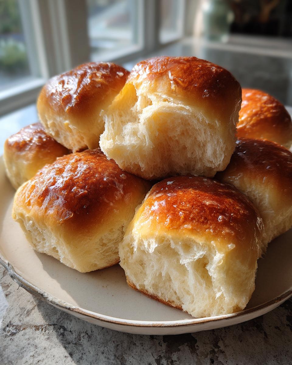A stack of golden brown, fluffy sourdough discard rolls piled on a light-colored plate.