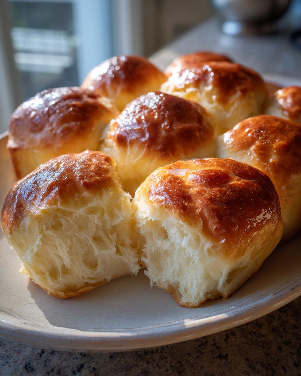 Close-up of fluffy sourdough discard rolls with a shiny, golden-brown top, one roll pulled open to show the soft interior.