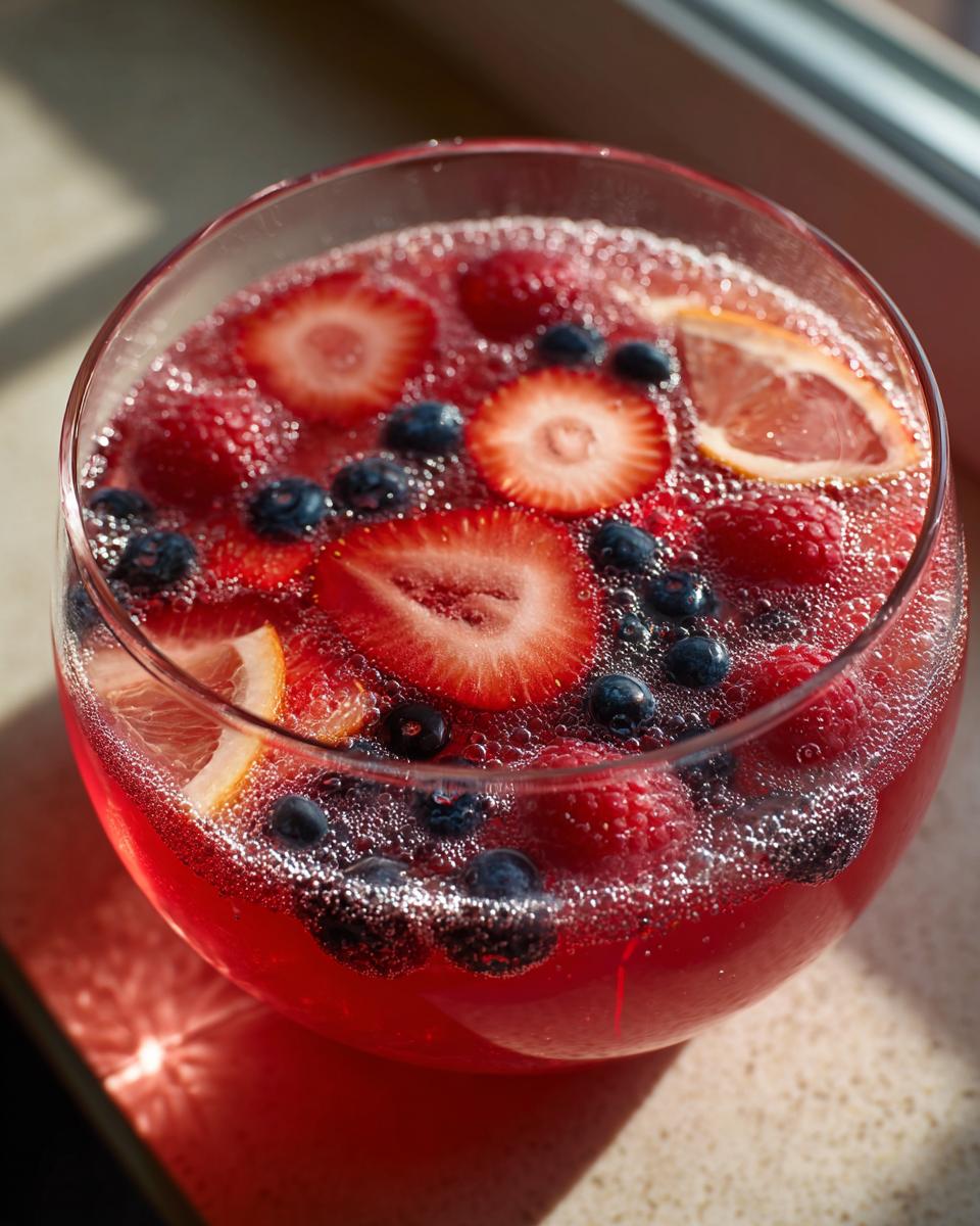 Close-up of a vibrant red champagne punch in a glass bowl, topped with fresh strawberries, blueberries, raspberries, and lemon slices.