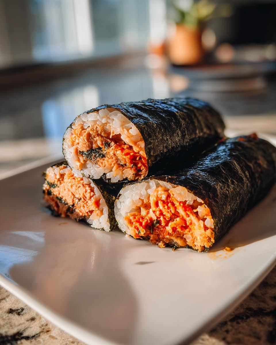 Three pieces of freshly made tuna kimbap stacked on a white plate, showing the bright orange spicy tuna filling.