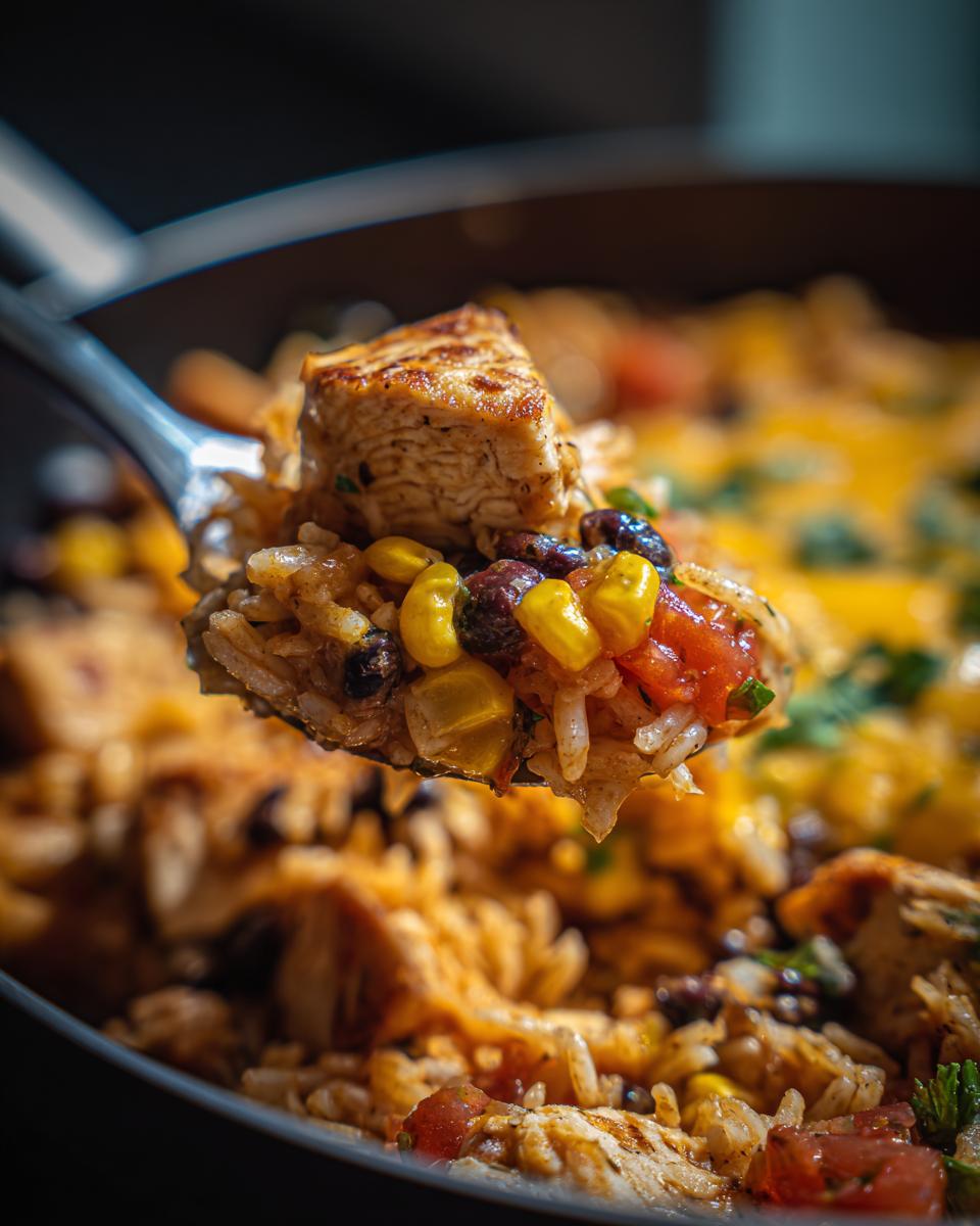Close-up of a spoonful of flavorful chicken burrito bowl mixture with rice, corn, beans, and grilled chicken.