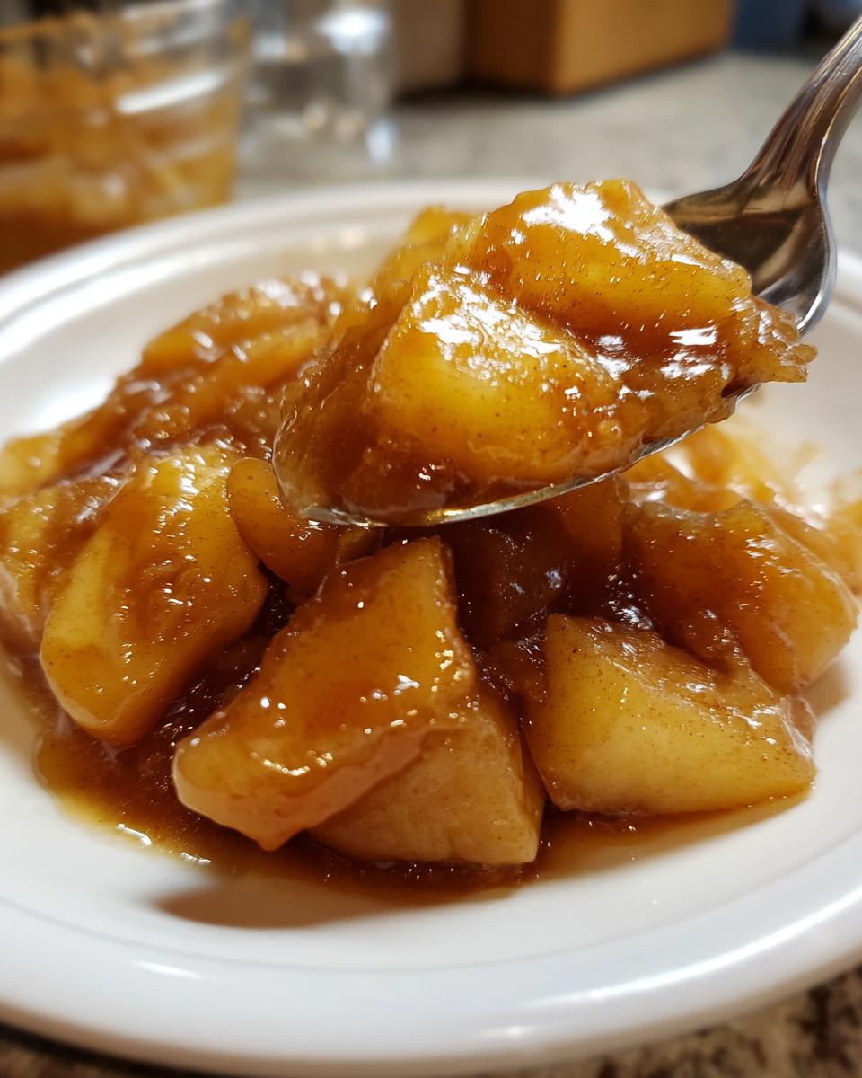 A spoonful of glistening, spiced apple pie filling being lifted from a white bowl.