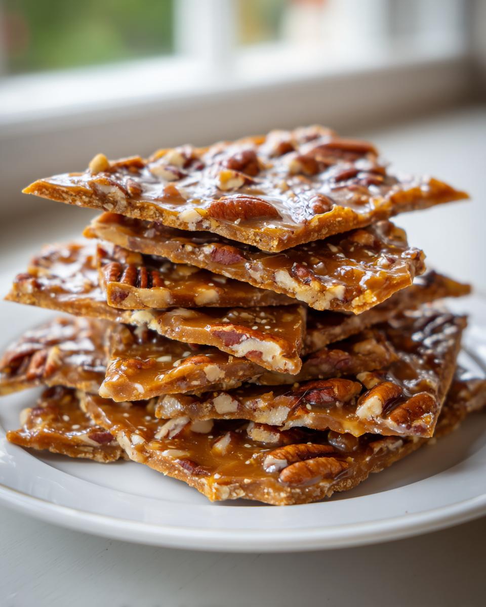 A stack of broken pieces of shiny, caramel-colored Pecan Pie Bark loaded with pecans on a white plate.