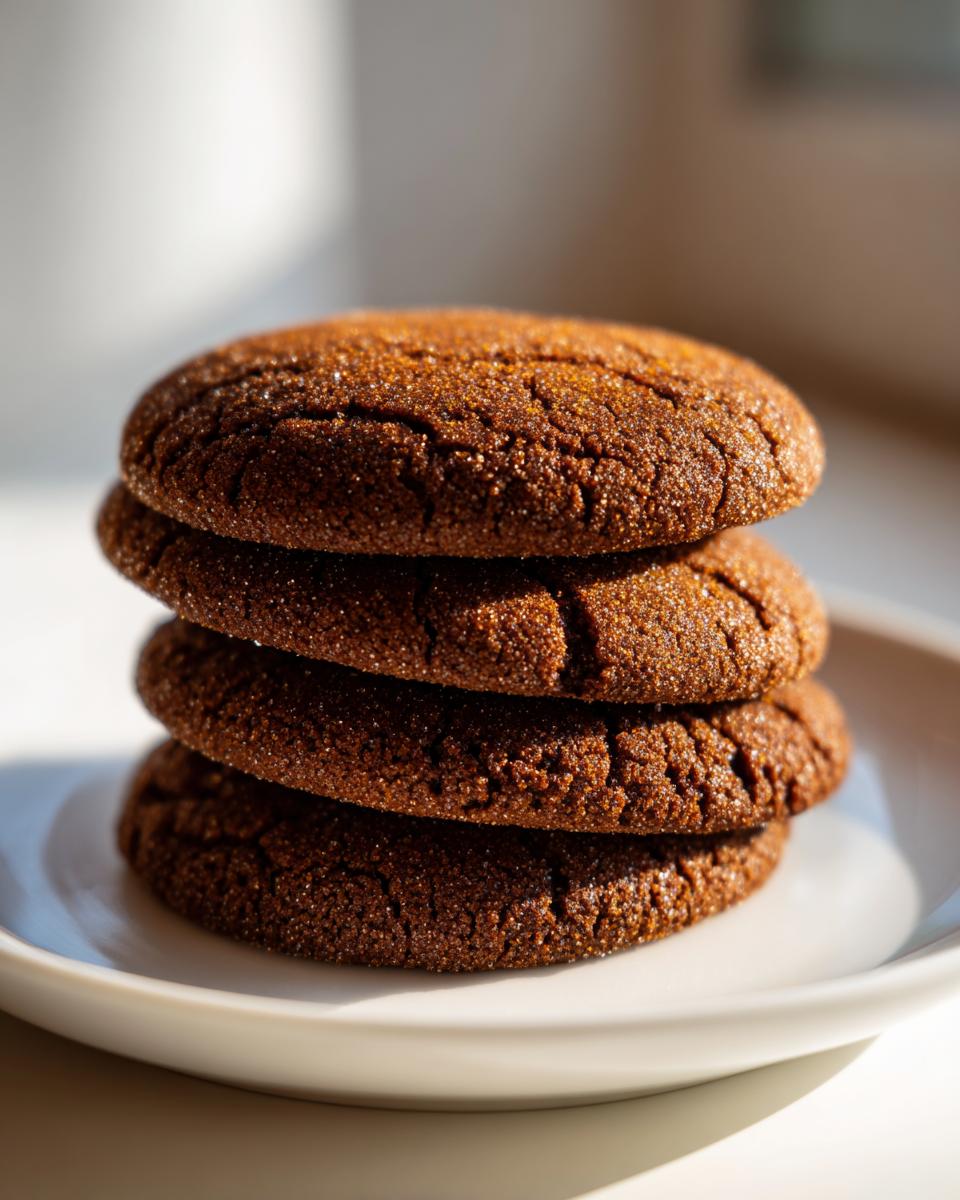 A close-up stack of four dark, crackled soft gingerbread cookies rolled in sugar, sitting on a white plate.
