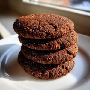 A close-up stack of four rich, dark brown soft gingerbread cookies coated in sugar crystals.