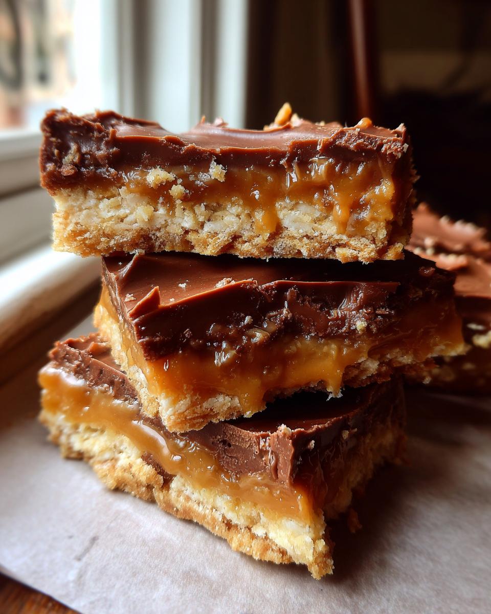 Three stacked squares of graham cracker toffee showing the crumbly base, gooey caramel layer, and chocolate topping.