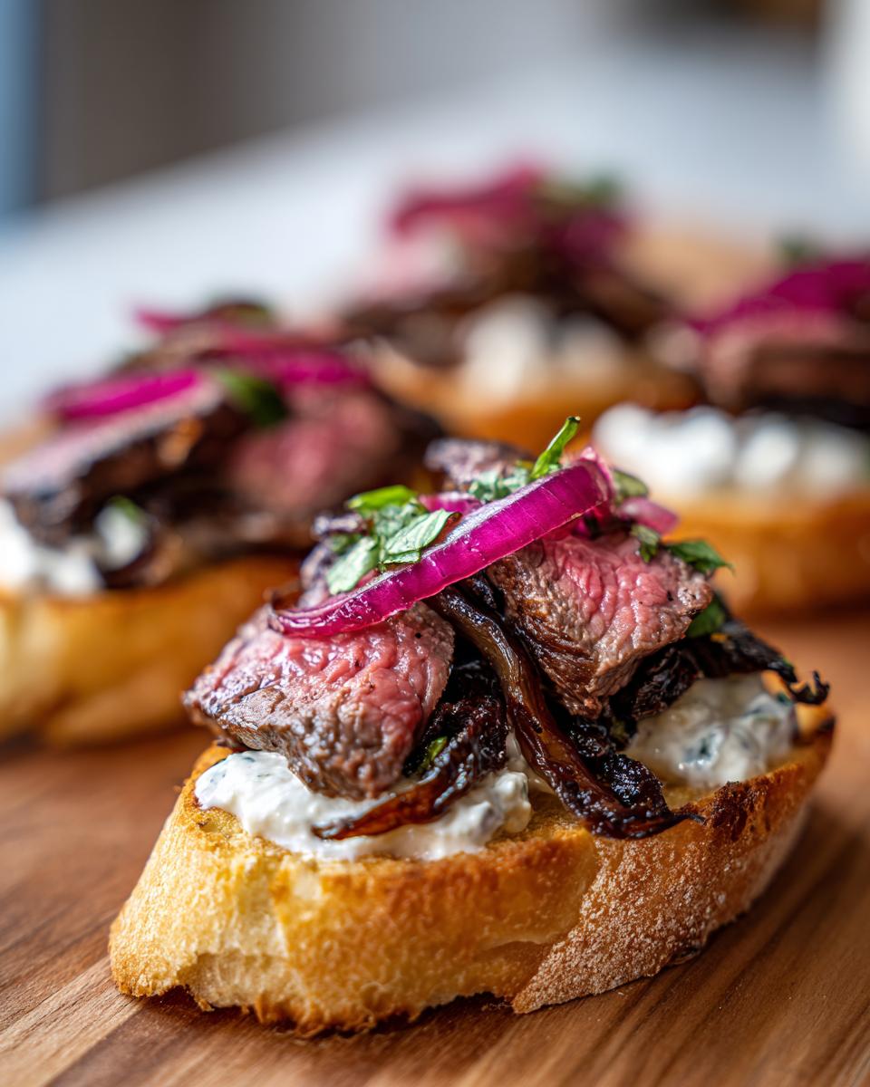 A close-up of one perfect steak crostini topped with medium-rare steak, creamy cheese, and bright red pickled onions.