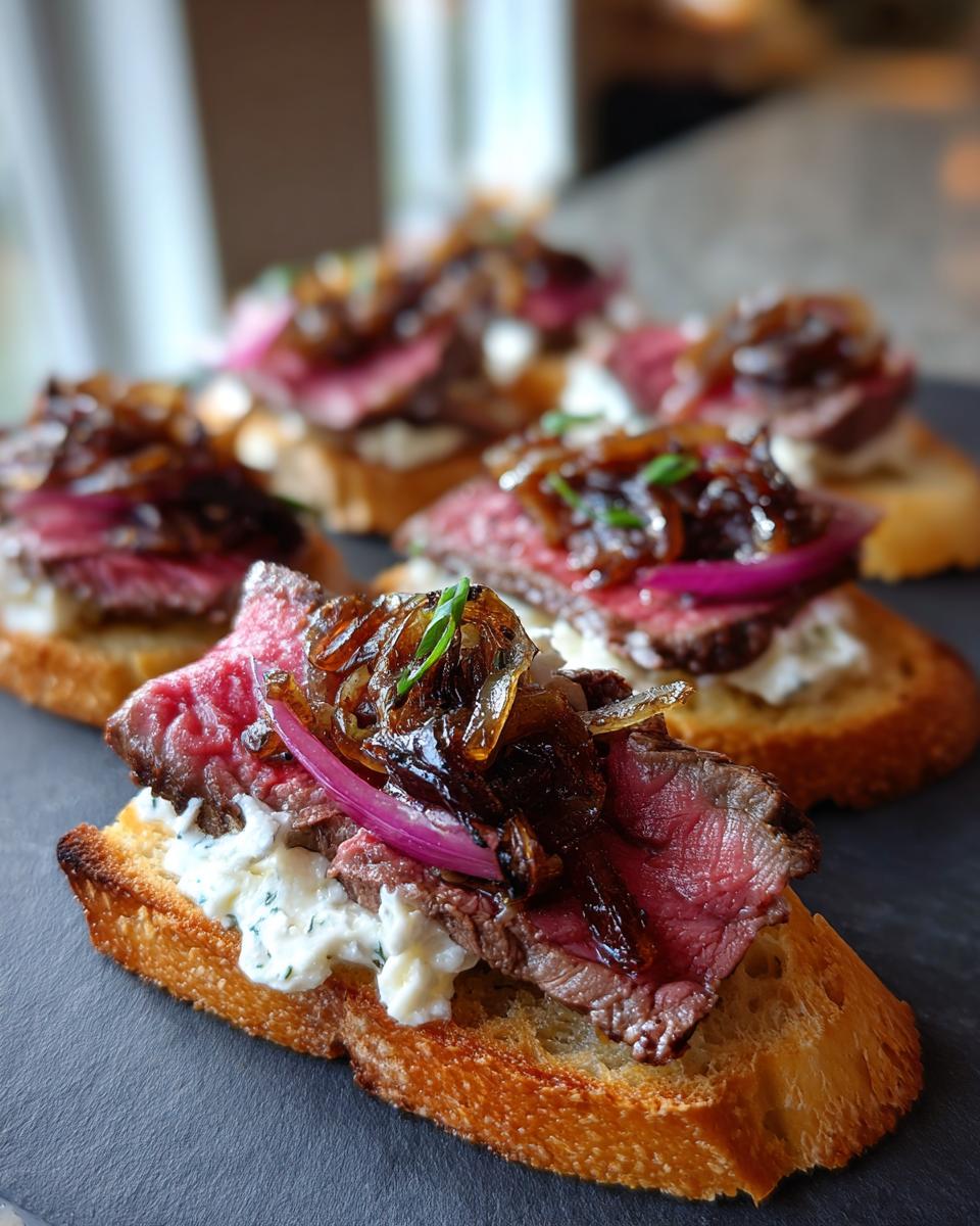 Close-up of perfectly cooked steak crostini bites topped with creamy cheese, rare steak, red onion, and caramelized onions.