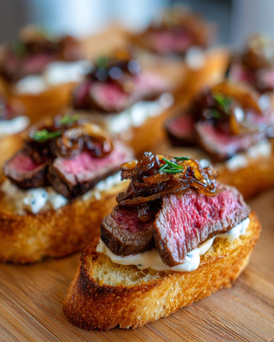 Close-up of perfectly cooked steak crostini bites topped with creamy spread and caramelized onions.