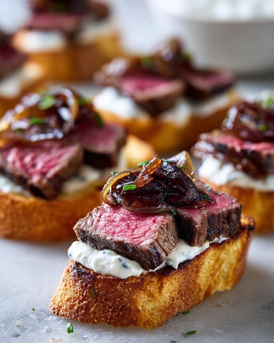 A close-up of a perfectly prepared steak crostini bite, featuring medium-rare steak, creamy cheese spread, and caramelized onions.