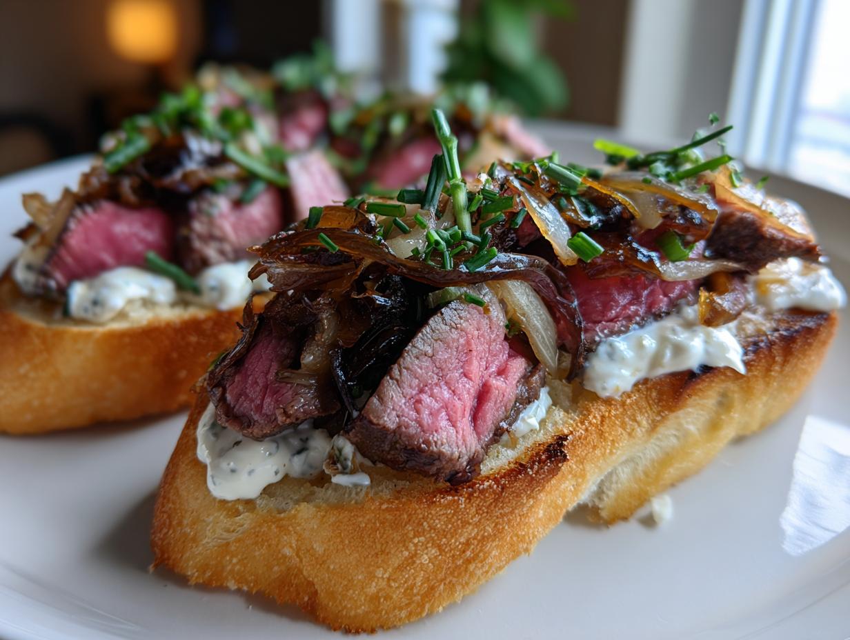 Close-up of two steak crostini bites topped with medium-rare steak, creamy sauce, caramelized onions, and chives.