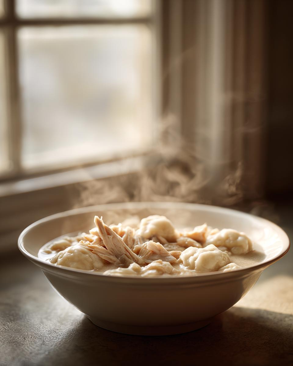 A close-up of a steaming white bowl filled with creamy chicken and dumpling soup, illuminated by natural light from a window.