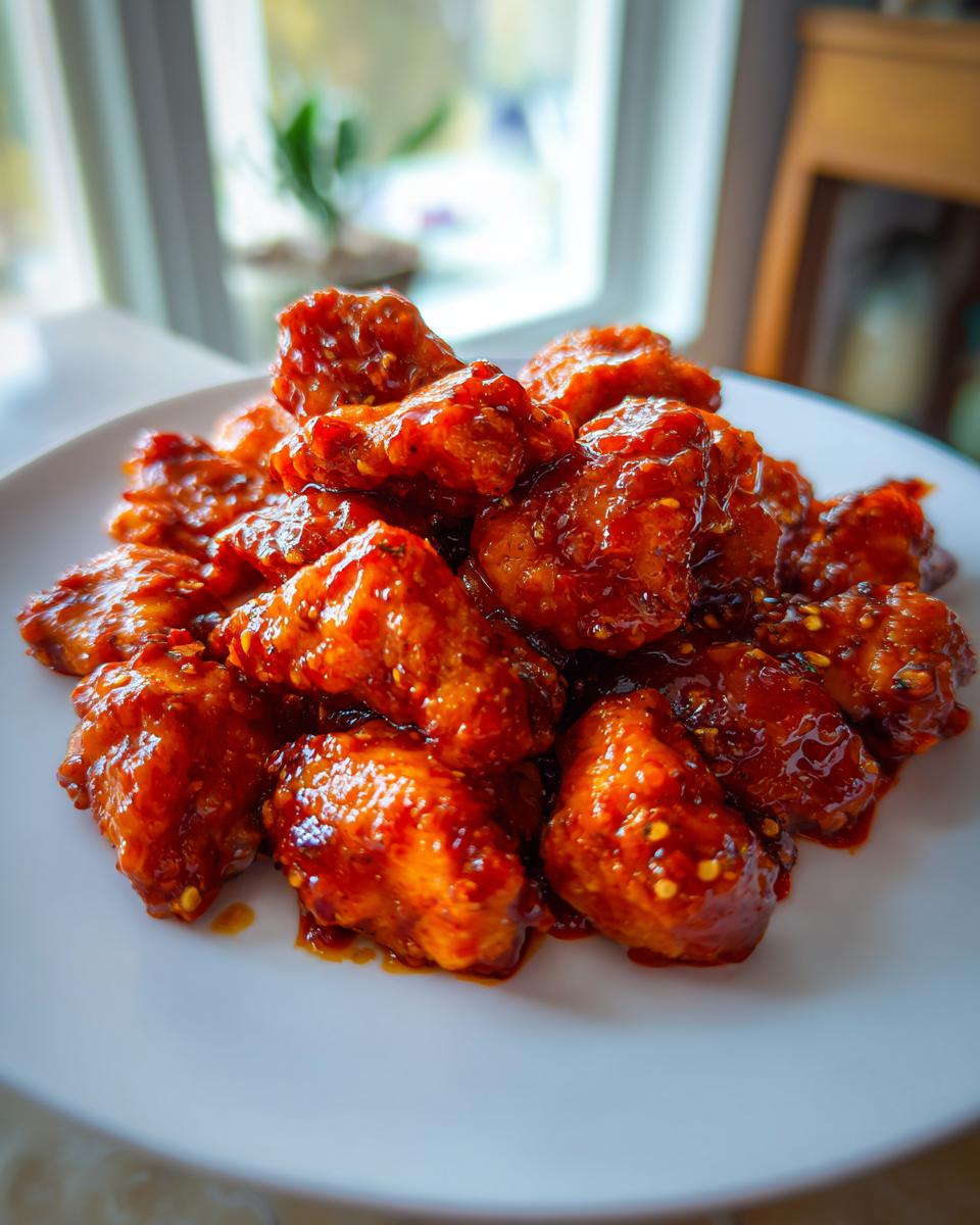 Close-up of sticky, bright red gochujang chicken pieces piled high on a white plate, glistening with sauce.
