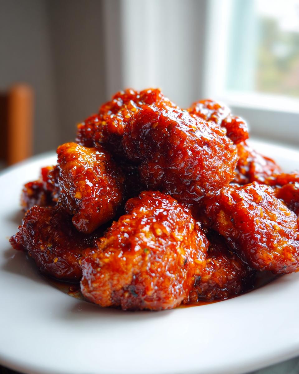 Close-up of sticky, bright red gochujang chicken pieces piled high on a white plate.