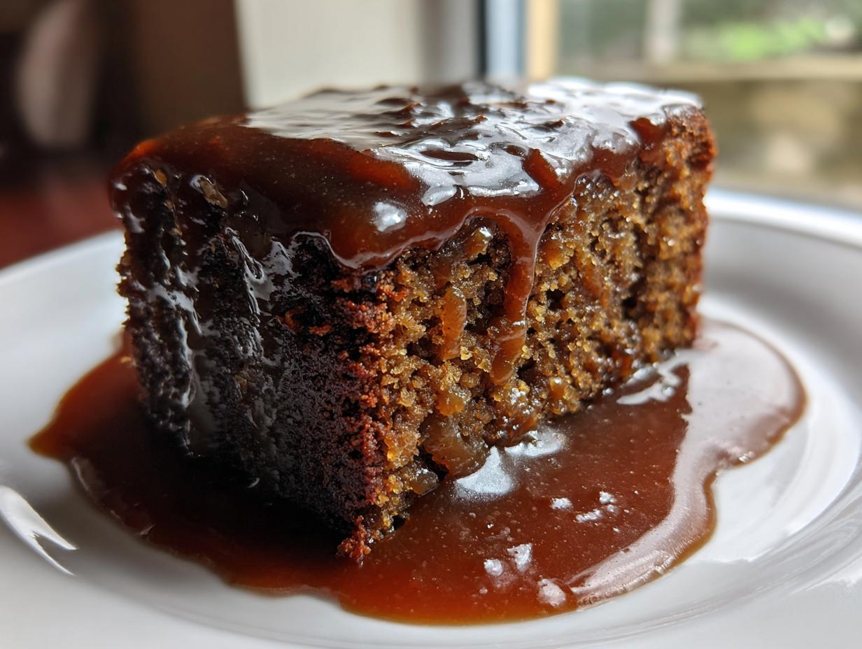 A close-up of a rich, moist slice of sticky toffee pudding recipe generously covered in dark toffee sauce.