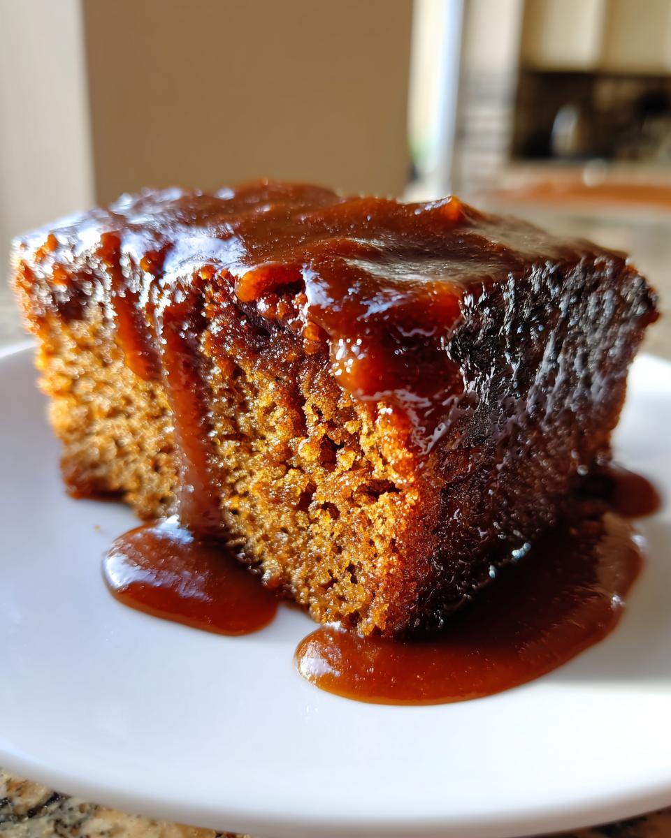 Close-up of a rich, moist slice of sticky toffee pudding generously covered in dark toffee sauce.