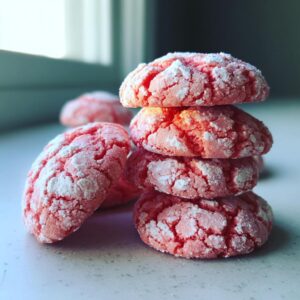 A stack of four bright pink, crinkle-topped strawberry cake mix cookies dusted with powdered sugar.