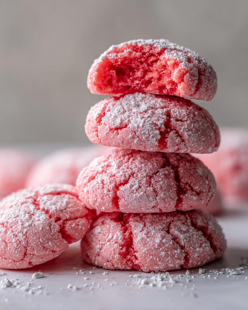 A stack of four bright pink, crinkle-topped strawberry cake mix cookies dusted heavily with powdered sugar.