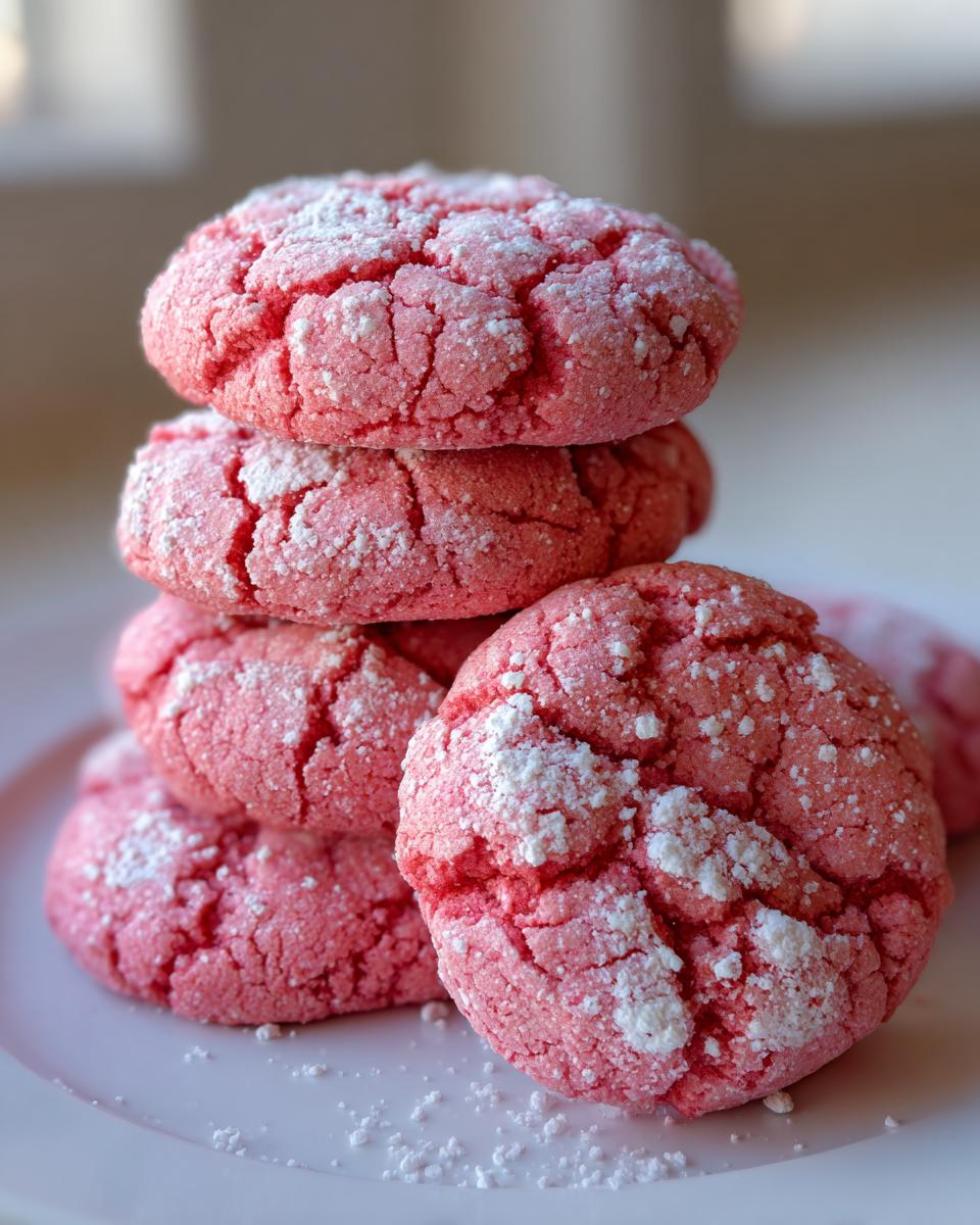 A stack of four bright pink strawberry cake mix cookies dusted heavily with powdered sugar, resting on a white plate.