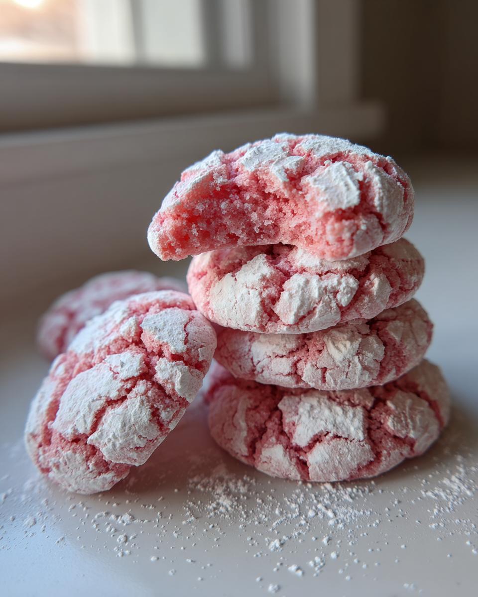 A stack of four pink, crinkle-topped strawberry cake mix cookies dusted heavily with powdered sugar.