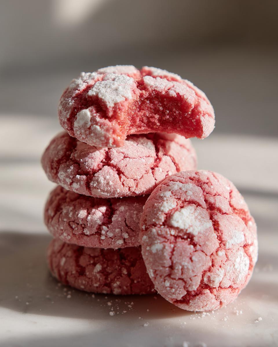 A stack of four pink, crinkle-top strawberry cake mix cookies dusted with powdered sugar, with one cookie having a bite taken out.