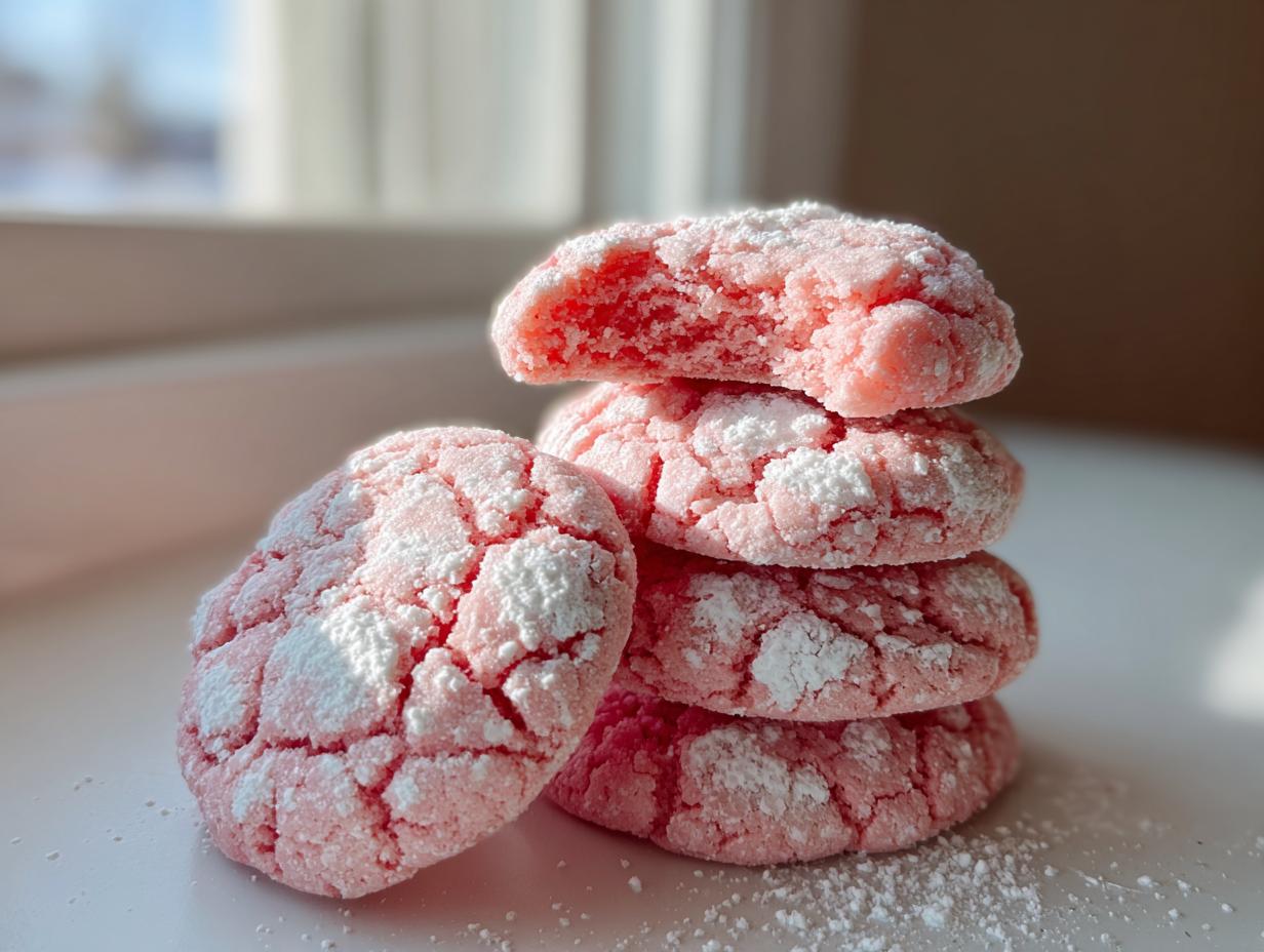 A stack of four crinkle-topped strawberry cake mix cookies dusted heavily with powdered sugar, one cookie on top is bitten.