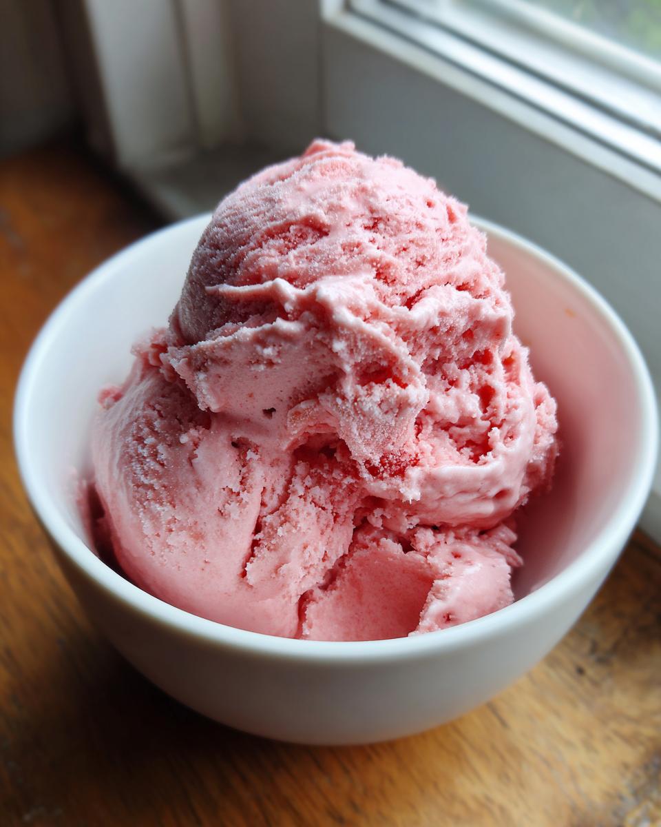 Close-up of three scoops of bright pink strawberry ice cream served in a white bowl.
