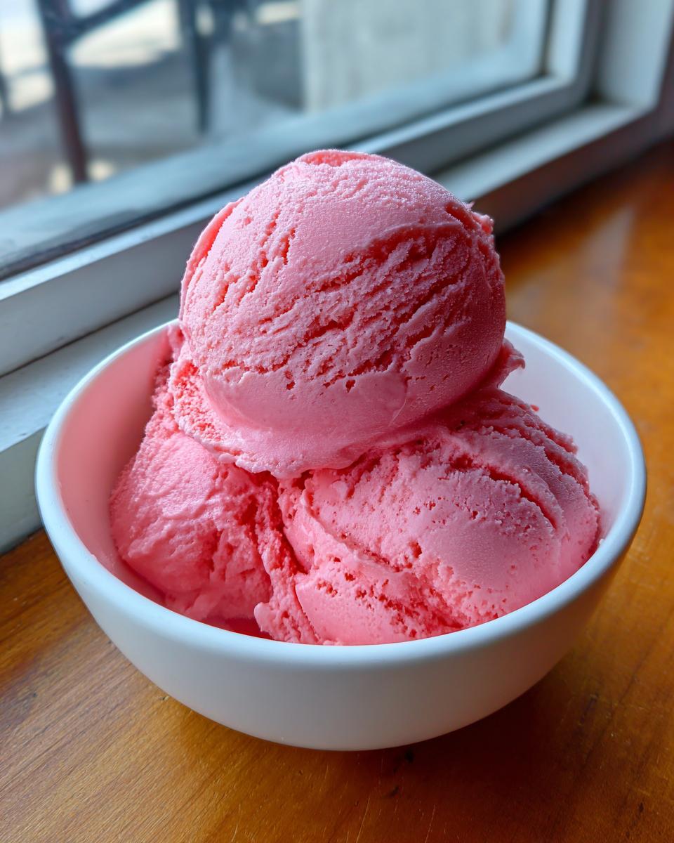 Three scoops of vibrant pink strawberry ice cream served in a white bowl near a window.