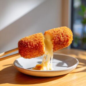 A cheese-filled korean corn dog being pulled apart, showing an extreme cheese pull over a small plate.
