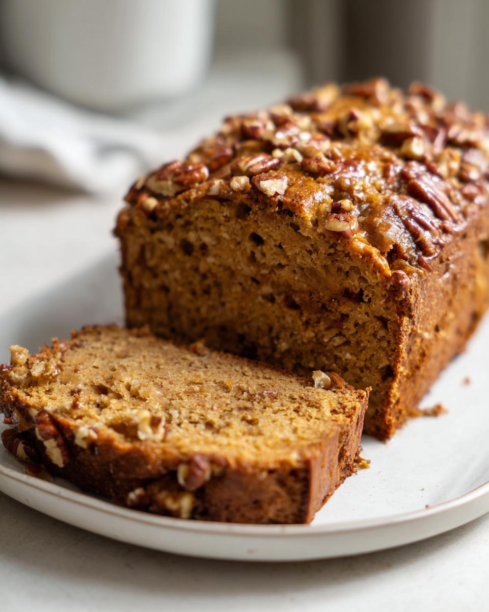 A loaf of sweet Alabama pecan bread, with one thick slice cut and resting against the main loaf on a white plate.