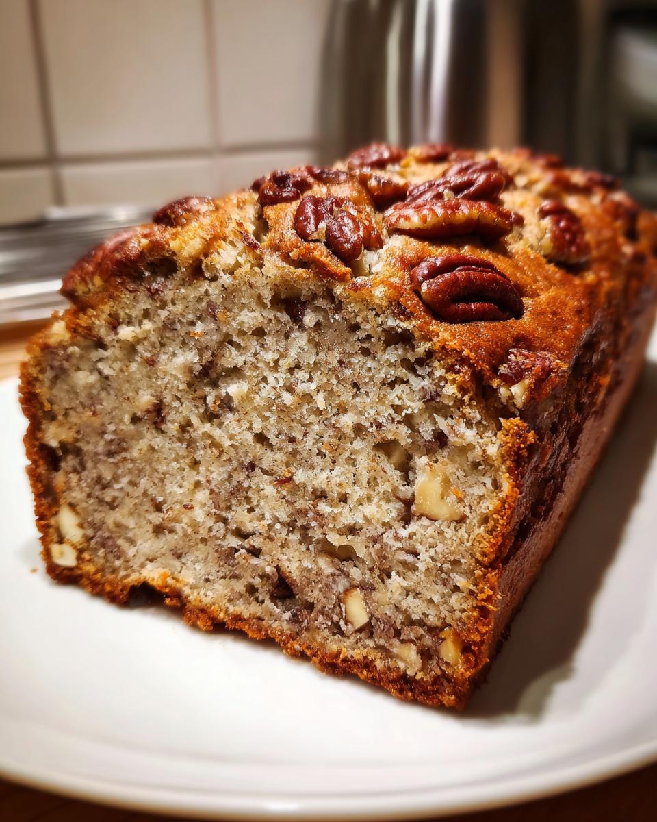 Close-up of a slice of moist sweet alabama pecan bread showing the crumb texture and pecan topping.