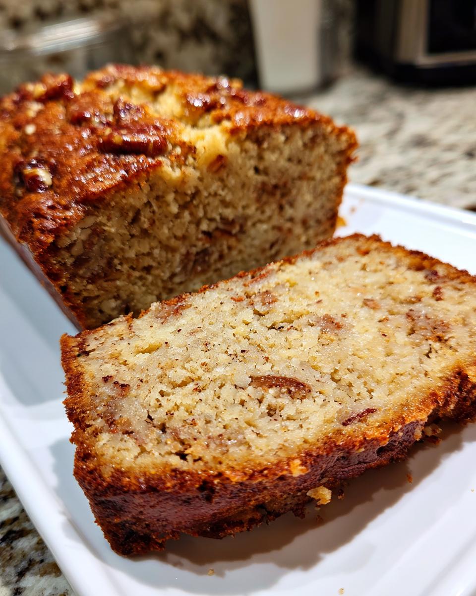 Close-up of a slice of moist sweet Alabama pecan bread next to the rest of the loaf, showing pecans throughout.