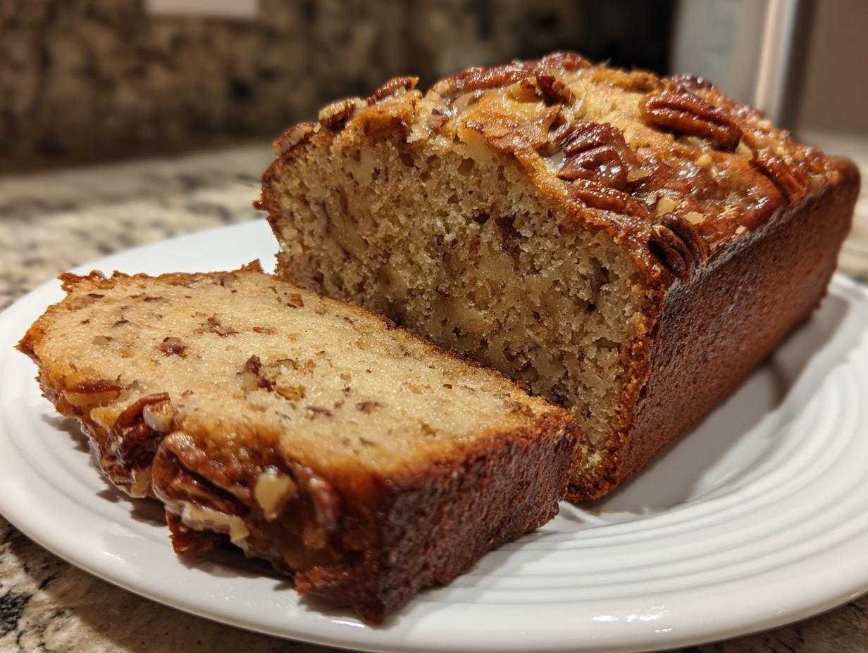 Close-up of sweet Alabama pecan bread loaf with one slice cut, showing moist interior and pecan topping.