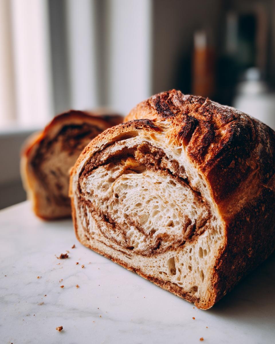 Close-up of a sliced loaf of pumpkin sourdough bread showing a beautiful cinnamon swirl pattern inside.